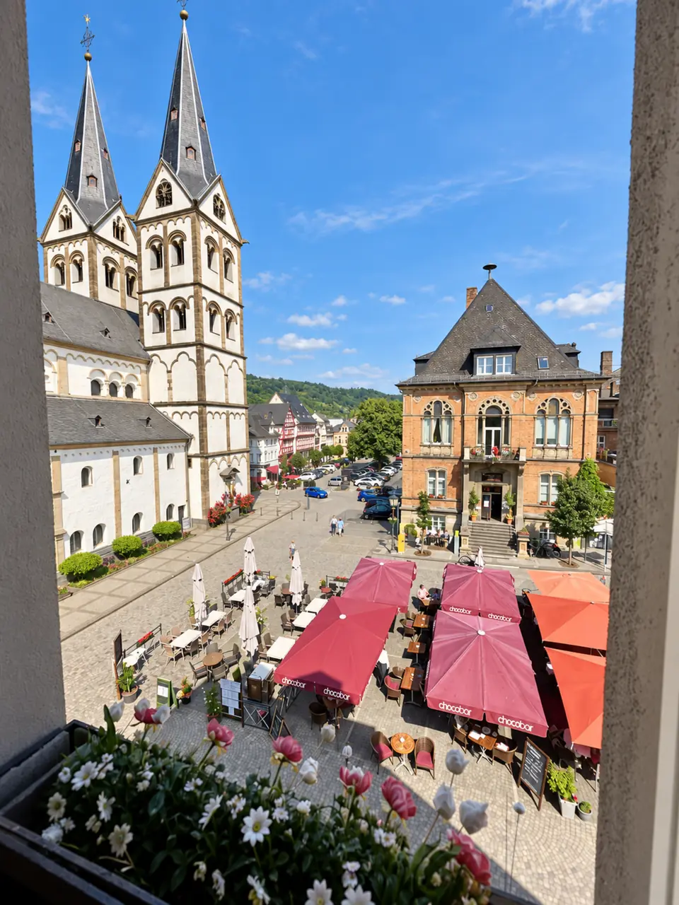 Blick aus dem Apartmentfenster auf die Kirche und den Bopparder Marktplatz